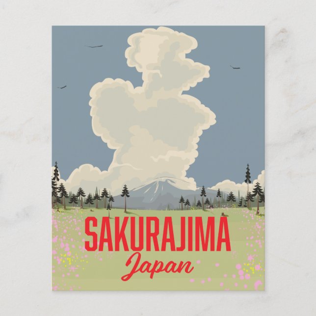 Flyer Afiche de viaje retro de Sakurajima Japón. (Frente)