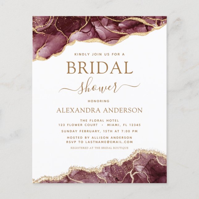 Flyer Agate de presupuesto Borgoña Bridal Shower Gold (Frente)