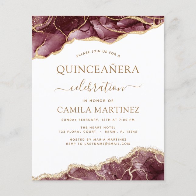 Flyer Agate de presupuesto Borgoña Quinceañera Gold 15 (Frente)