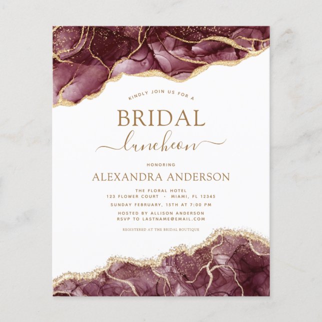 Flyer Agate de presupuesto Burgundy Bridal Shower Lunche (Frente)