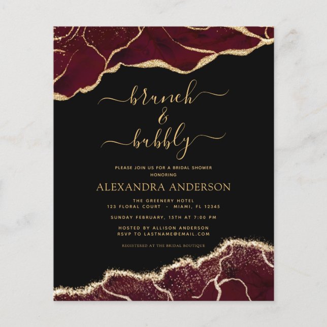 Flyer Agate de presupuesto Burgundy Gold Brunch & Bubbly (Frente)