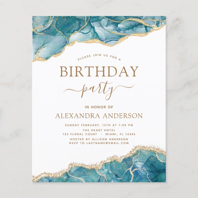 Flyer Agate de presupuesto Turquoise Birday Party Gold (Frente)
