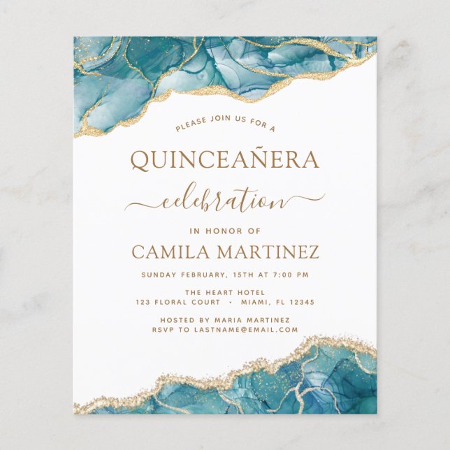 Flyer Agate de presupuesto Turquoise Quinceañera Oro Ver (Frente)