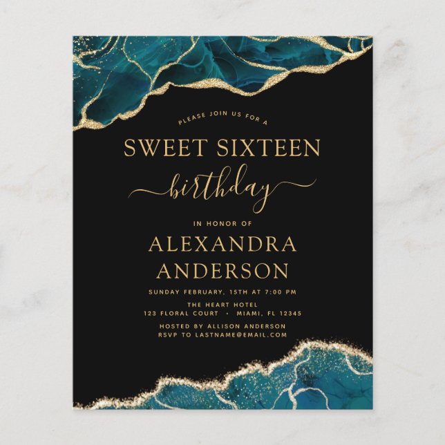 Flyer Agate presupuestal Turquoise Sweet 16 Oro Verde az (Frente)
