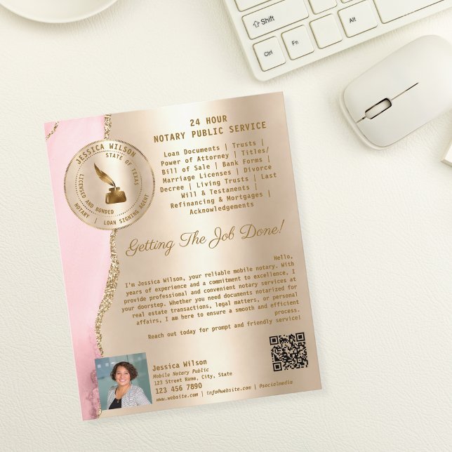 Flyer Agente de firma de notario móvil y préstamo profes (mobile notary flyer, gold and blush pink)