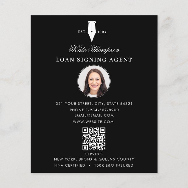 Flyer Agente de Firma Notarial  Código QR Negro Moderno  (Frente)