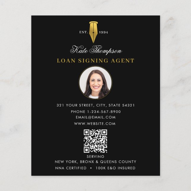 Flyer Agente de Firma Notarial Foto Código QR Dorado Mod (Frente)