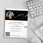 Flyer Agente moderno de firma de notarios fotográficos Q<br><div class="desc">Moderno y moderno guión profesional notario certificado legal en consultor de leyes personalizado folleto promocional personalizado en blanco y negro con elegante caligrafía y bolígrafos.            Fácil de personalizar con la foto y el código QR de escaneo generado automáticamente en su sitio web o medio social.</div>