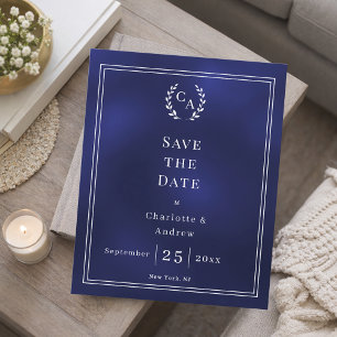 Flyer Ahorro de boda en azul marino con monograma Save t