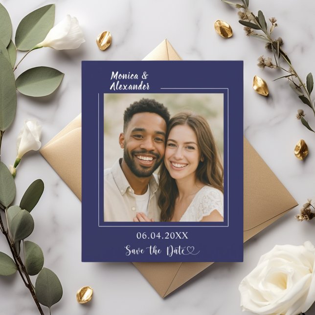 Flyer Ahorro de fecha de boda con foto azul marino (Subido por el creador)