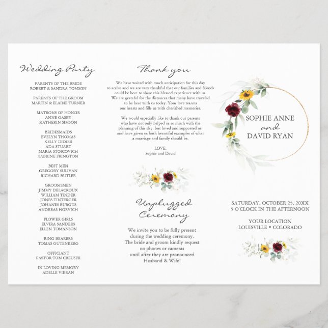 Flyer Airy Greenery Sunflowers Burgundy Fall Wedding (Frente)