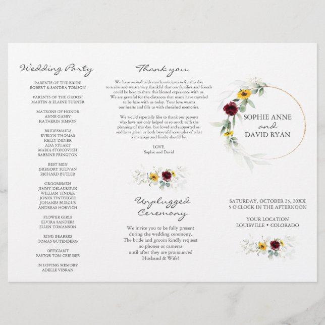 Flyer Airy Greenery Sunflowers Burgundy Fall Wedding (Frente)
