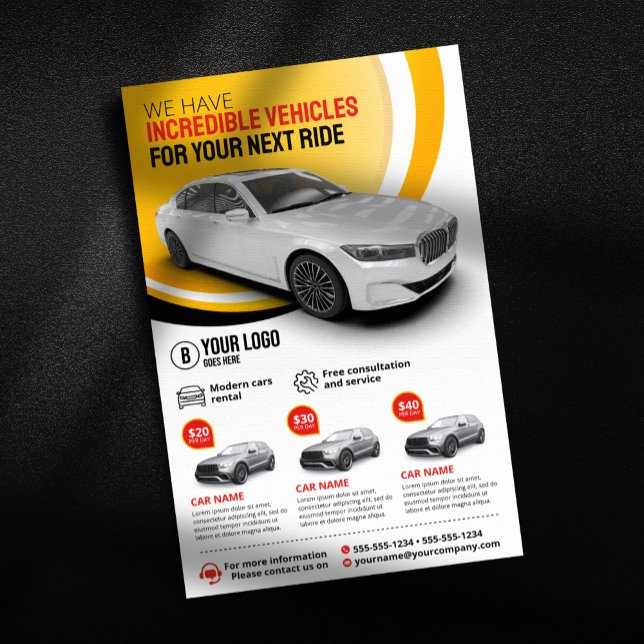 Flyer Alquiler de coche amarillo profesional automóvil (Subido por el creador)
