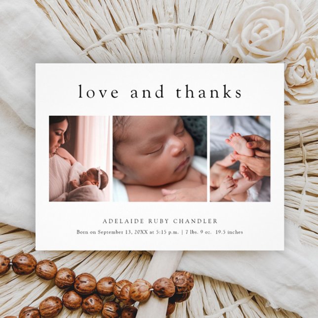 Flyer Amor y gracias 3 Foto Recién nacido Gracias Tarjet (Simple typographic love and thanks budget 3 photo birth announcement baby thank you card.)