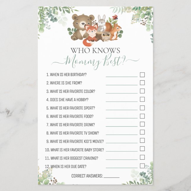 Flyer Animales de Woodland Shower ¿Qué tan bien sabes de (Frente)