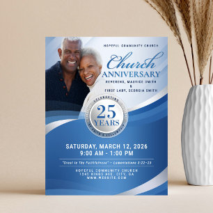 Flyer Aniversario de Iglesia Azul y Plata Elegante