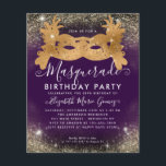 Flyer Aniversario de la natalidad de la mascarada barata<br><div class="desc">Moderna Mascarada de Glam Lavanda Violeta Morada Plum Purpurina de oro Esparkle Polvo Invitación a fiesta de cumpleaños</div>