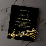 Flyer Anuncio de invitación al presupuesto para la músic<br><div class="desc">Una moderna y moderna tarjeta de invitación para la fiesta de cumpleaños número 50 (o cualquier edad) para hombres y mujeres. Antecedentes negros clásicos y notas musicales,  letras de colores dorados. Personalice y agregue la información de su fiesta. Atrás: Color negro imita notas de música dorada.</div>