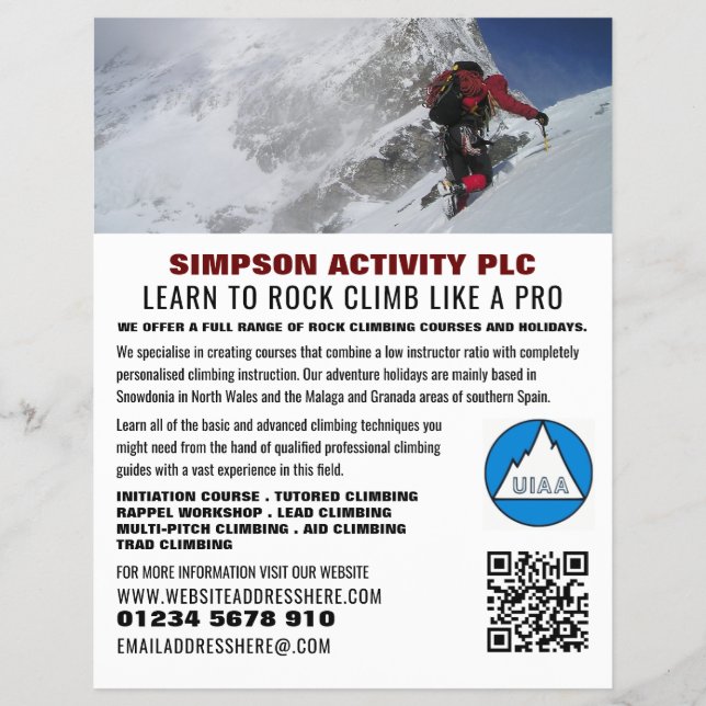 Flyer Anuncio de montañismo alpino, senderismo y escalad (Frente)