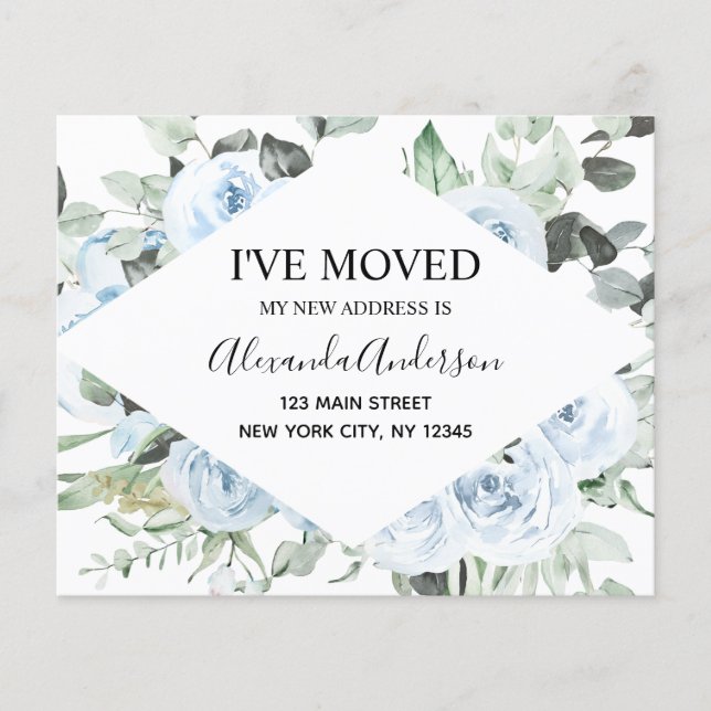 Flyer Anuncio de Mudanza Floral Azul Polvoriento Presupu (Frente)