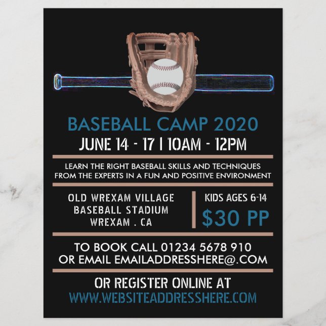 Flyer Anuncio del campamento de béisbol Neon Bat & Gear (Frente)