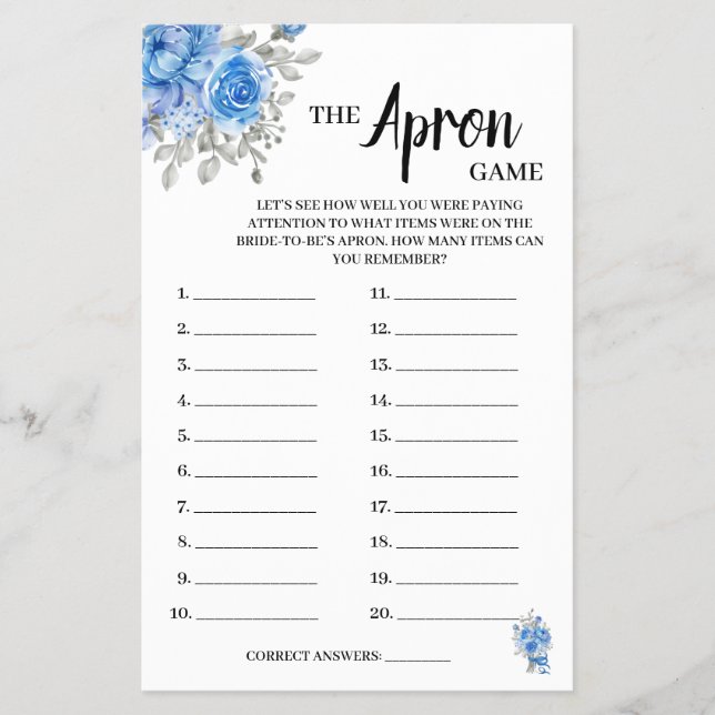 Flyer Apron Game BlueFlowers Bridal Shower Game Card (Frente)