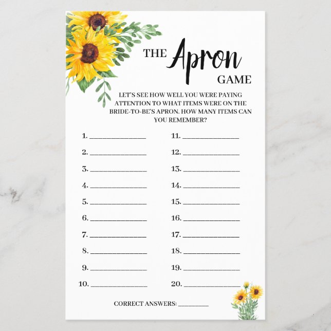 Flyer Apron Game Sunflowers Bridal Shower Game Card (Frente)