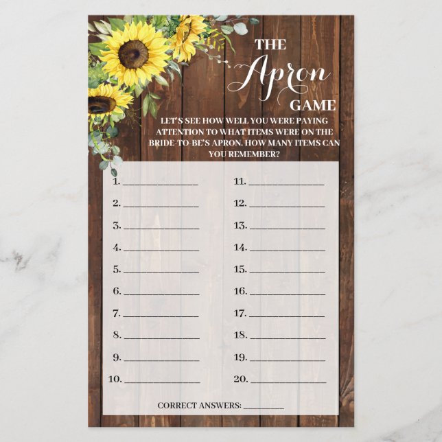 Flyer Apron Game Sunflowers Bridal Shower Game Card (Frente)