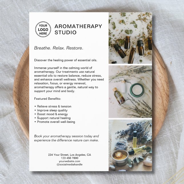 Flyer Aromaterapía Spa Personalizado Logotipo Empresa pr (Create your own Aromatherapy Studio Business Flyer)