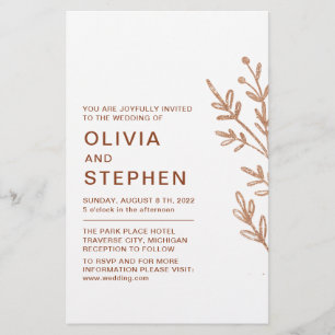 Flyer Arroz y blanco. Follaje simple. Inv boda moderna