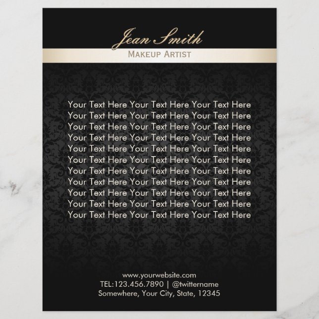Flyer Artista de maquillaje Black Damask Salón de bellez (Frente)