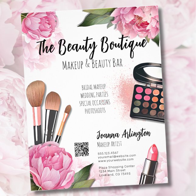 Flyer Artista de maquillaje color agua rosa (Pink Floral Watercolor Makeup Artist Flyer)