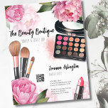 Flyer Artista de maquillaje color agua rosa<br><div class="desc">Repleta de tonos vivos y floridos, esta impresión es un festín visual perfecto para artistas de maquillaje, bloggers de belleza, influenciadores y todo aquel que busque un toque de colorida elegancia floral con un toque de glam. Con peonías rosadas brillantes, paleta de maquillaje, pinceles de maquillaje y lápiz labial. Puede...</div>