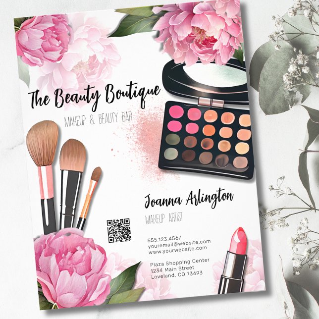 Flyer Artista de maquillaje color agua rosa (Pink Floral Watercolor Makeup Artist Flyer)