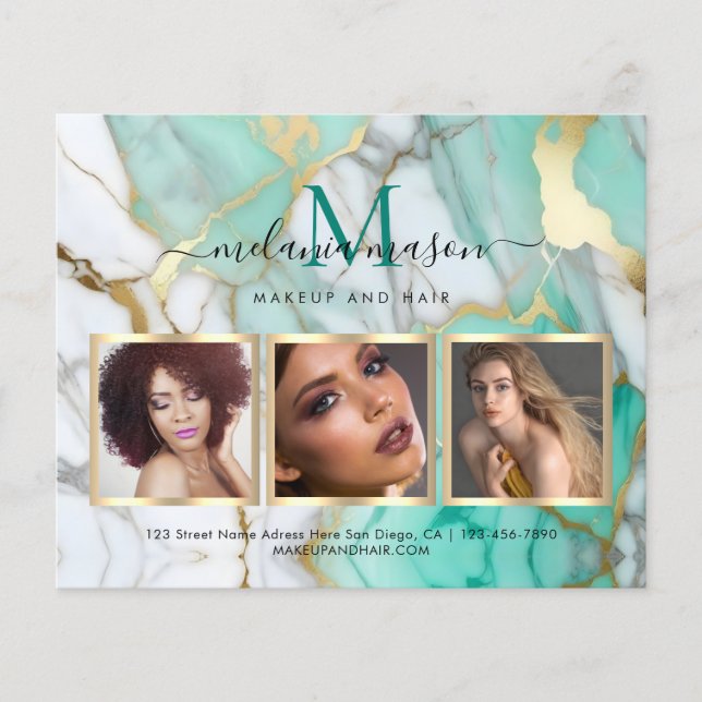Flyer Artista de maquillaje de mármol verde oro elegante (Frente)