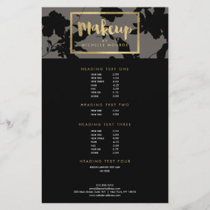 Flyer Artista de Maquillaje de Texto Dorado Floral Negro