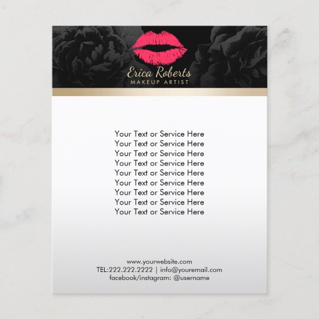Flyer Artista de maquillaje Red Lips Black Floral Beauon (Frente)