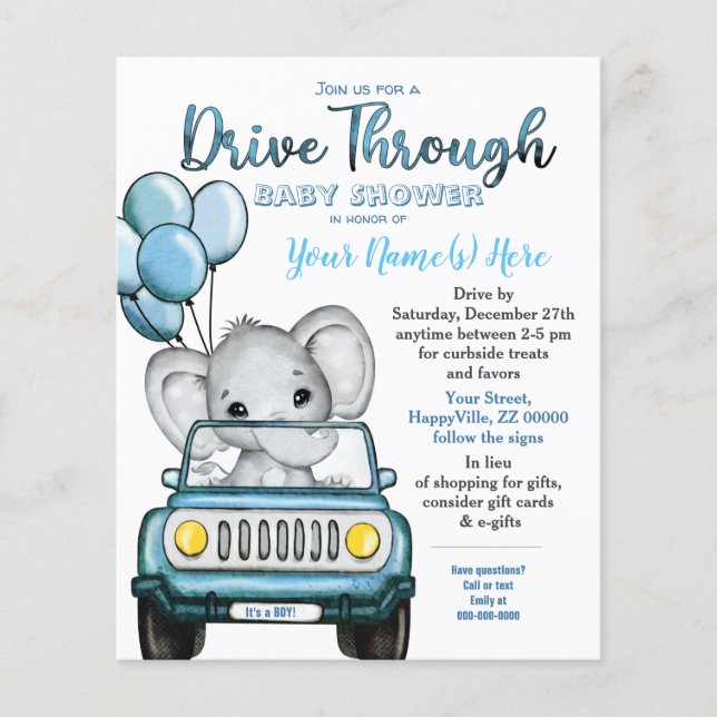 Flyer Auto De Budget Boy A Través De Baby Shower Elephan (Frente)