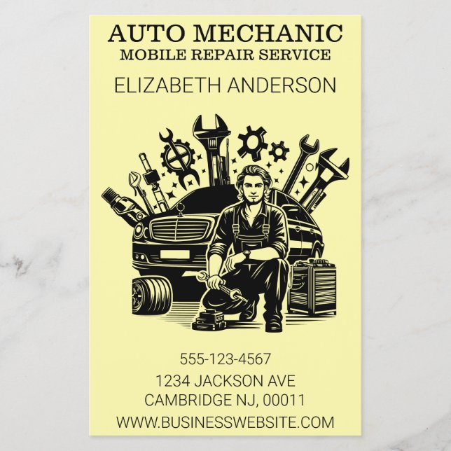 Flyer Auto Mechanic Automotive Reparación Estilo Metaliz (Frente)