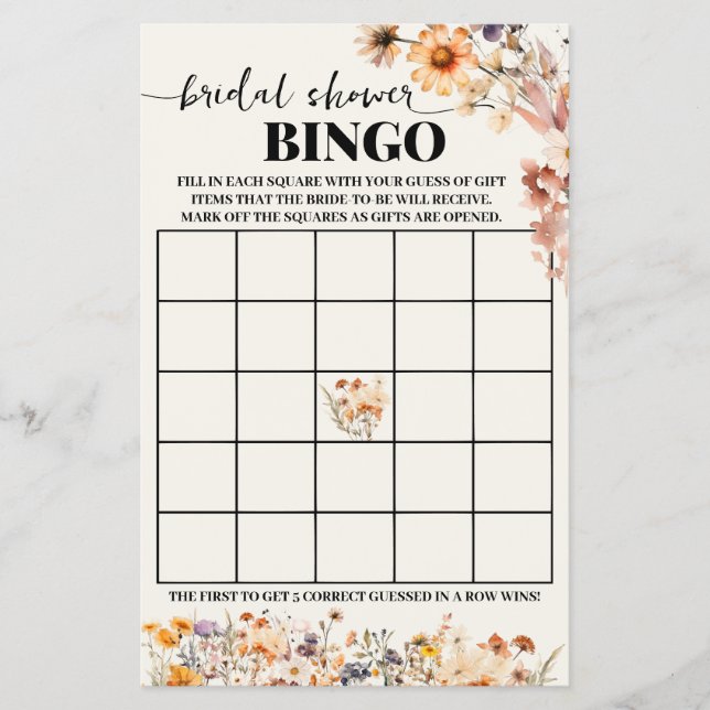 Flyer Autumt Wildflowers Bridal Shower Bingo Game Card (Frente)