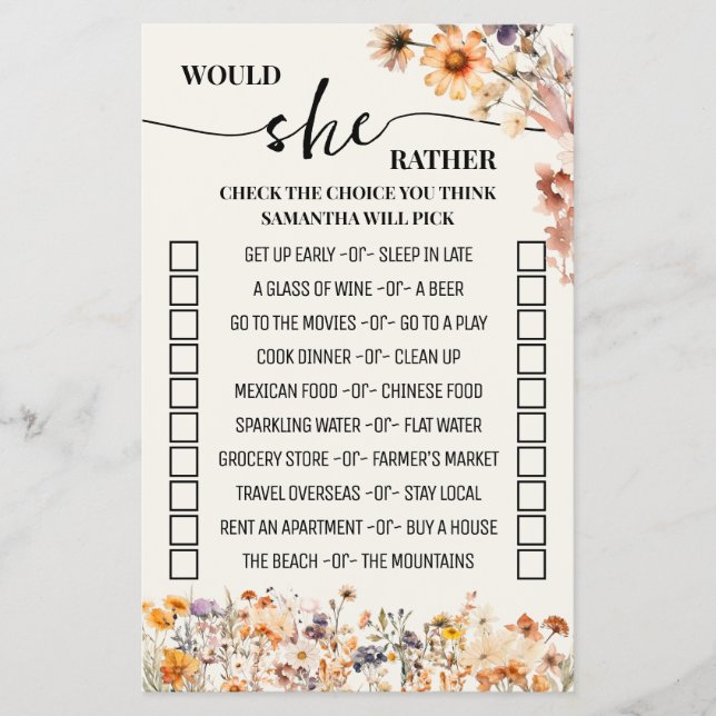 Flyer Autumt Wildflowers Preferiría Un Juego De Ducha (Frente)