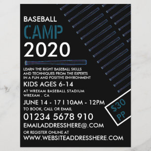 Flyer Aviso de Bat de Béisbol de Neón Azul, Campamento d