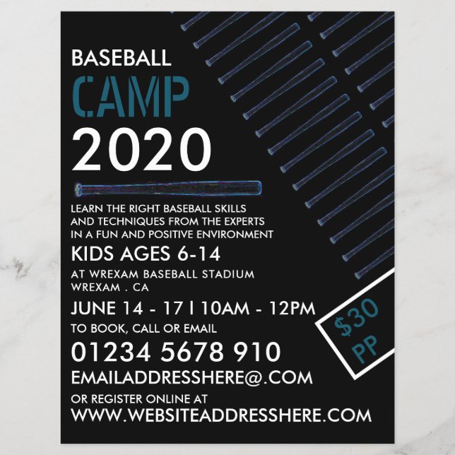 Flyer Aviso de Bat de Béisbol de Neón Azul, Campamento d (Frente)