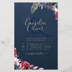 Flyer Azul Marino Frambuesa Floral Borgoña Invierno Otoñ