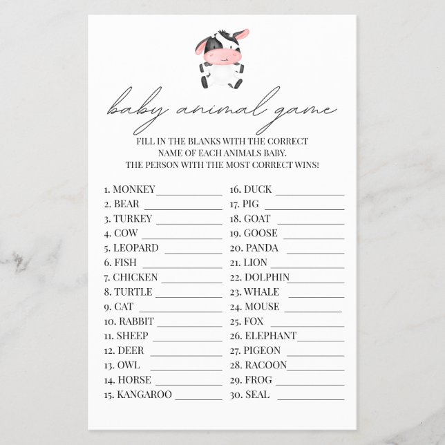 Flyer Baby Animal Game Pink Cow Baby Shower Farm Western (Frente)