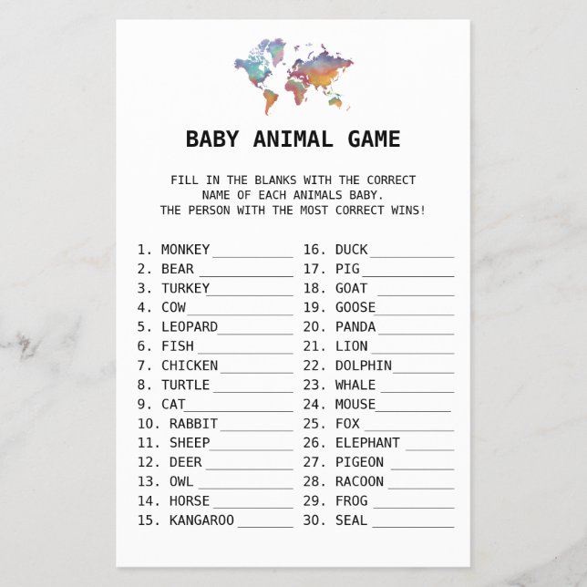 Flyer Baby Animal Game Travel Baby Shower (Frente)