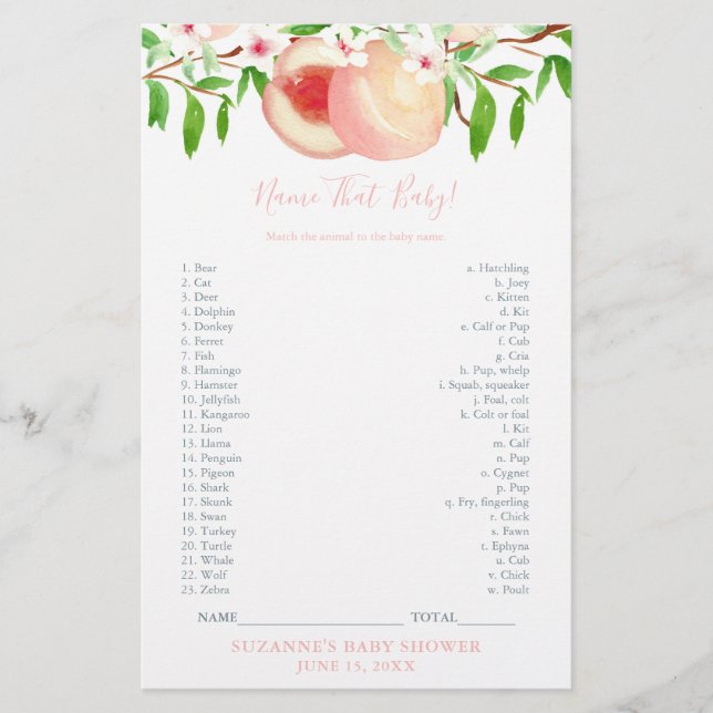 Flyer Baby Animals Game Card Sweet Peach Shower (Frente)