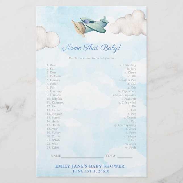 Flyer Baby Animals Game Card Toy Airplane Baby Shower (Frente)