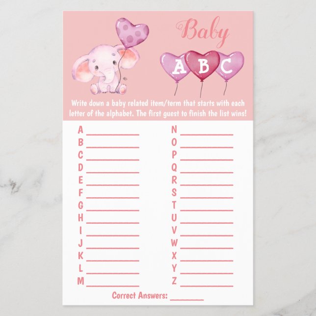 Flyer Baby Elephant Baby Shower Game Card (Frente)