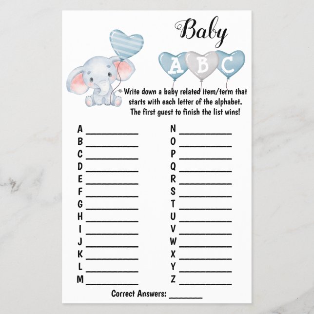 Flyer Baby Elephant Baby Shower Game Card (Frente)